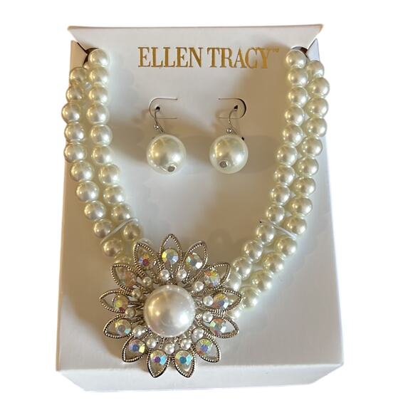 Ellen Tracy Pearl Necklace and Earrings Set New in Box Art Deco Glam Classic - Picture 2 of 4